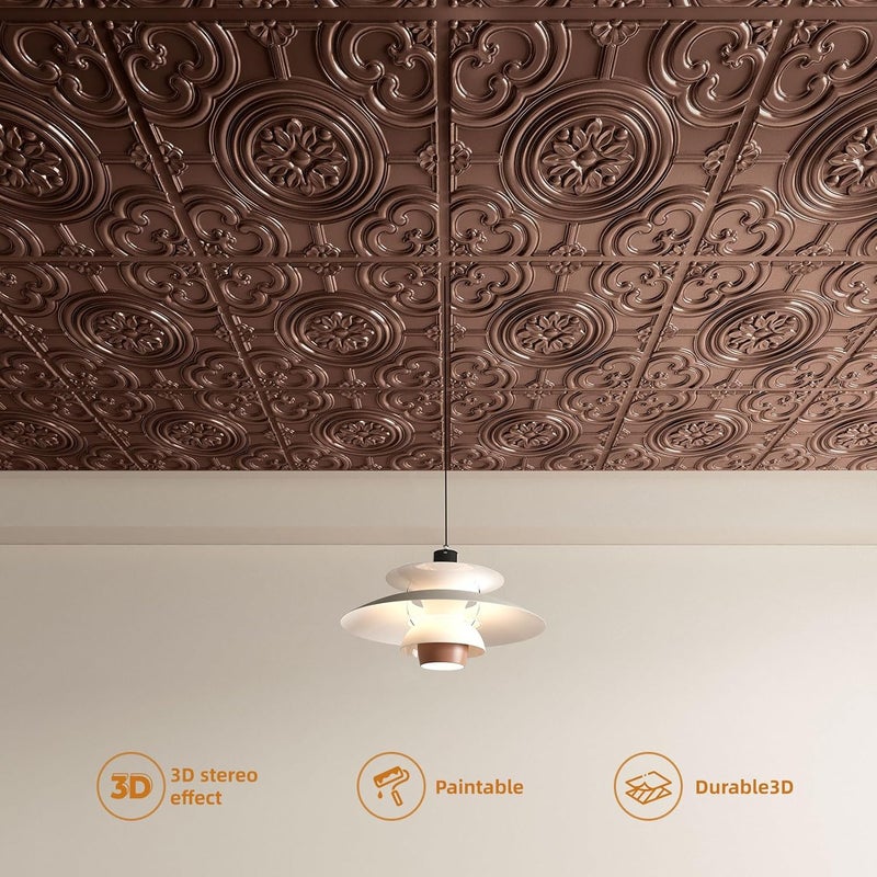 WOWSTAR 12-Pack 24"x24" Drop Ceiling Tiles, Waterproof Glue up Ceiling Panels, Antique Copper - Image 5